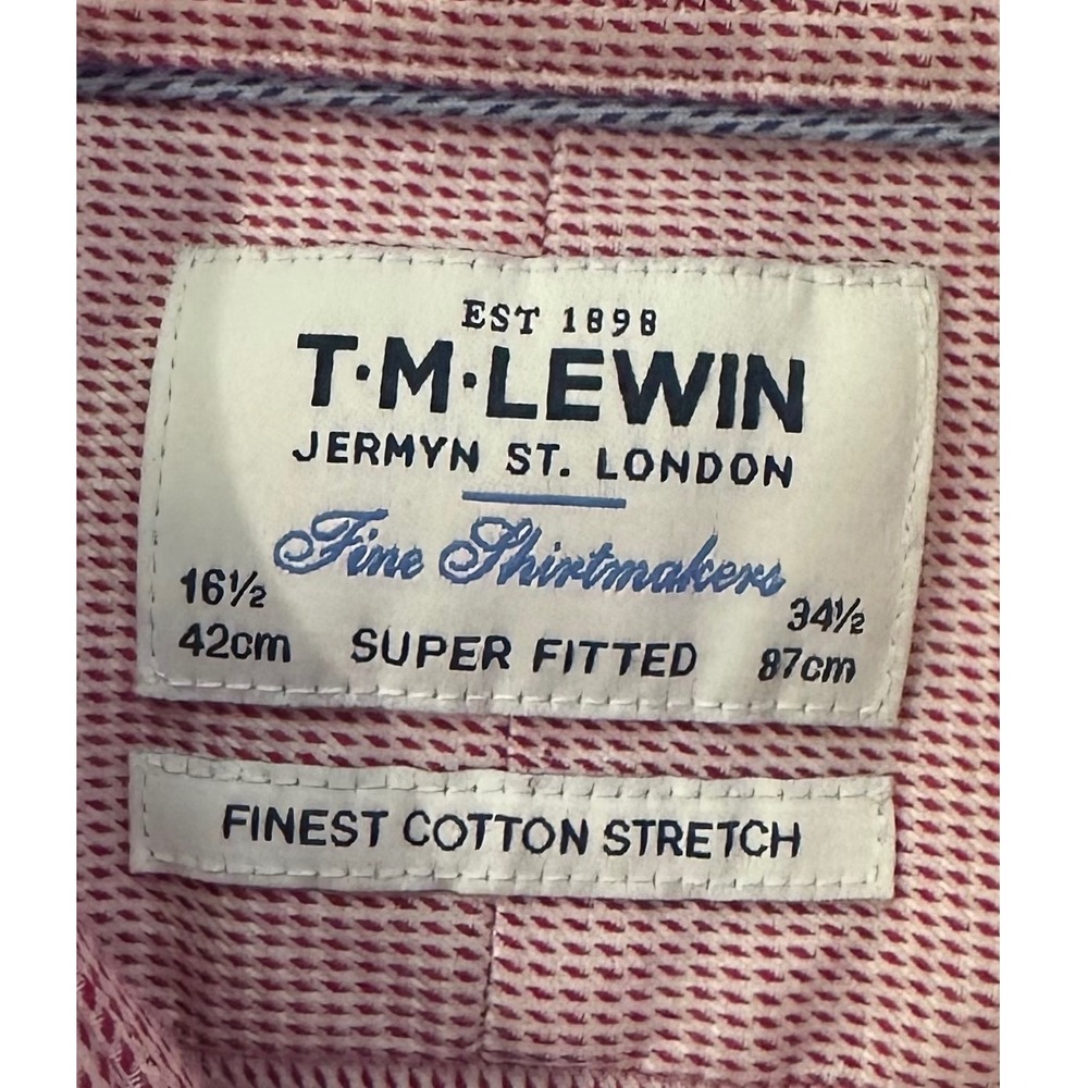 TM Lewin Super Fitted Dress Shirt Mens 16.5 34.5 Red White Cotton Stretch 1804